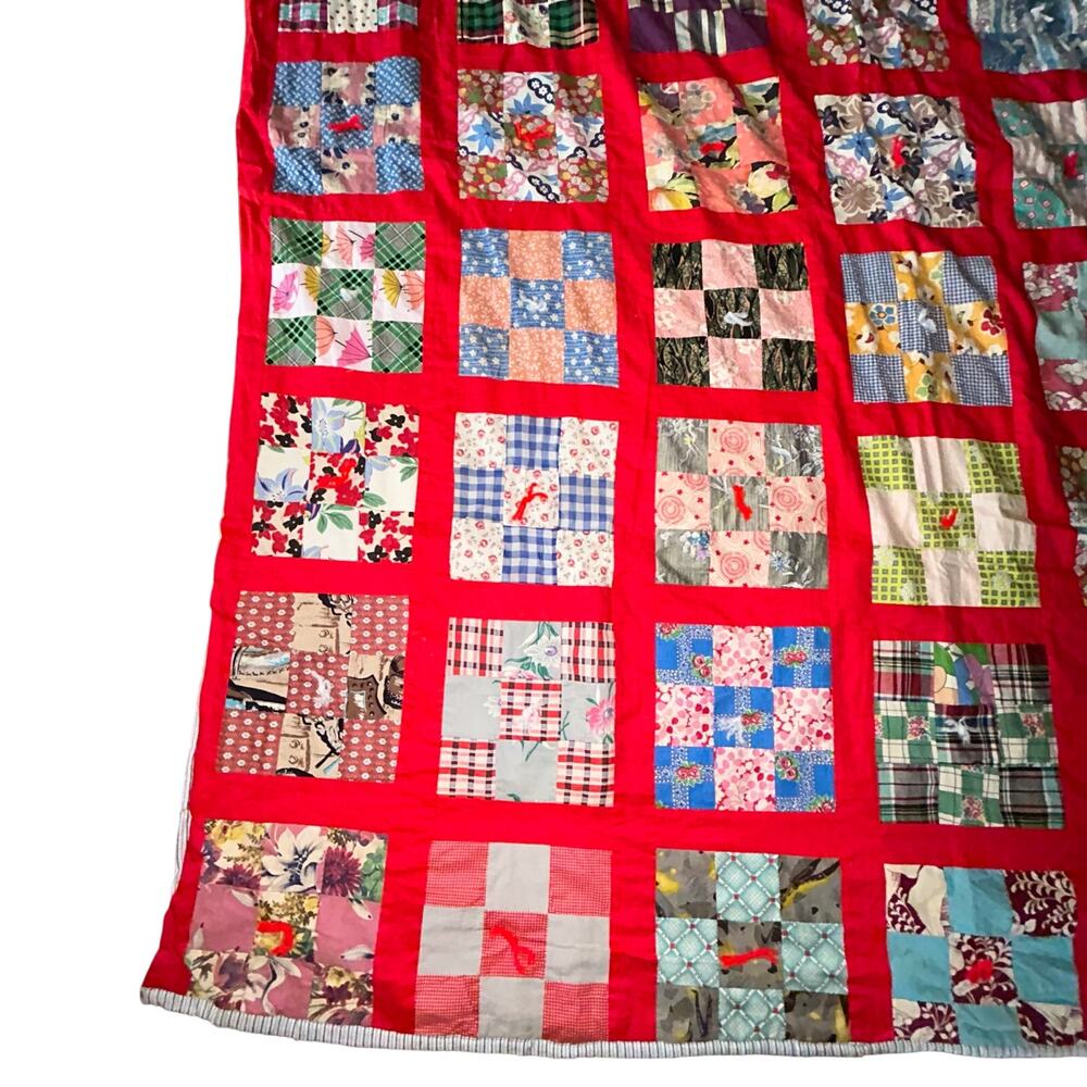 Vibrant Vintage Red Nine Patch Quilt Handcrafted Americana 65x75” - Picture 2 of 11